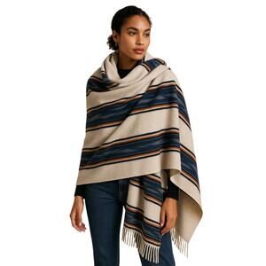 NWT L.L. Bean Signature 100% Wool Jacquard Striped Scarf Ivory Cream, 81” x 30”